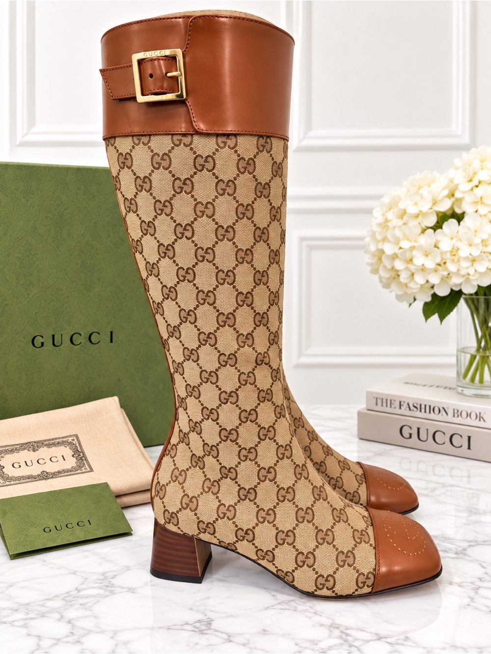 Gucci Brown Monogram Knee Boots with Leather Trim